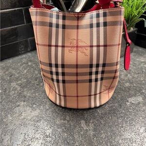 Authentic Burberry Bucket Bag in Tan and Red Check